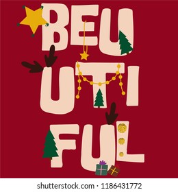 text reindeer pine red winter baby girl tee illustration art vector 