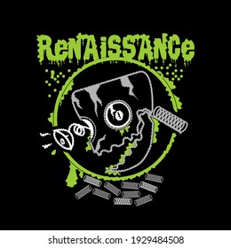 Text of renaissance with a zombie robot skull. T- shirt Design Concept.