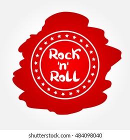 Text Rock 'n' Roll in circular frame with the stars. Abstract blurry background. Red, White.