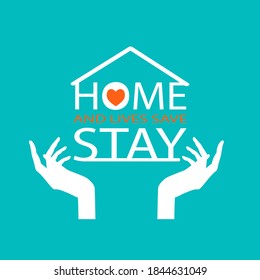 Text, roof of a house, heart, hands, stay at home to prevent the spread of the COVID-19 virus epidemic. Vector illustration, logo, symbol isolated on a blue background.