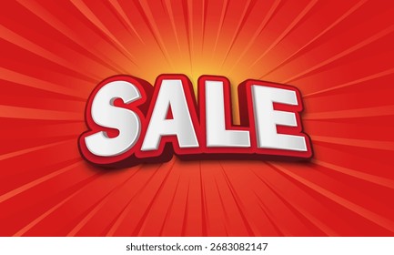 Venta de texto con efecto 3d sobre un fondo con rayos radiales rojos. La disposición del Anuncio publicitario. Vector 10.