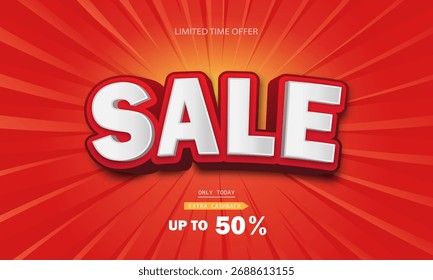 Text Sale with 3d effect on a background with red radial rays. An advertising banner on a red background. Vector EPS 10.