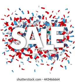 Text Sale with blue, red and white confetti  on the white. Eps 10 vector file.