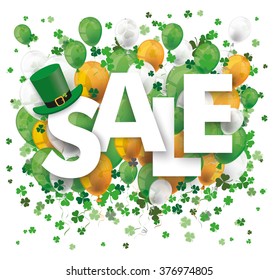 Text sale with colored balloons and shamrocks on the white background. Eps 10 vector file.