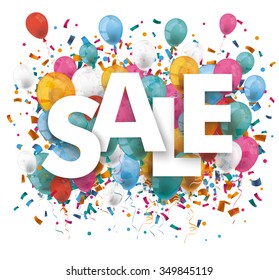 Text sale with colored confetti on the white background. Eps 10 vector file.