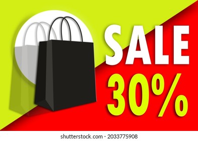 Text Sale Discount offer 30 percent,paper bag and circle. Illustrations for pamphlets, posters, stickers, badges, prints and more.