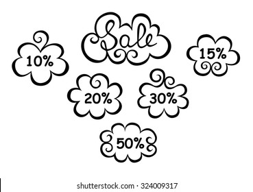 Text Sale and numbers, percentages in decorative elements with curls, black color on a transparent background. Hand-drawn