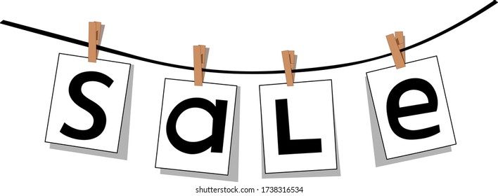 the text sale on paper fastened with clothespins on a rope in flat style. vector illustration
