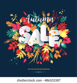 Text Sale in paper style on multicolor background with autumn leaves. Hand drawn grunge blots elements. Fall style for autumn sale.