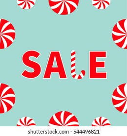 Text Sale Round white and red sweet Candy cane set banner, advertising poster. Winter Merry Christmas season offer. Flat design. Blue background. Isolated. Vector illustration