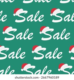 Text Verkauf nahtloses Muster Winter saisonale Rabatt Hintergrund mit Weihnachtsmütze Dekoration auf Buchstaben