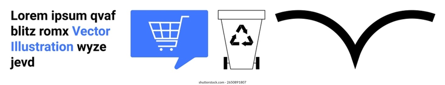 Exemplo de texto, bolha de bate-papo azul com carrinho, lixeira preta e seta preta curva. Ideal para lojas on-line, sustentabilidade, comunicações, projetos de interface do usuário, marketing digital, apresentações