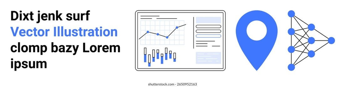 Text with sample phrases, analytics dashboard with graphs, and document, a blue geolocation pin, neural network node connections. Ideal for data presentation, technology, statistics, machine