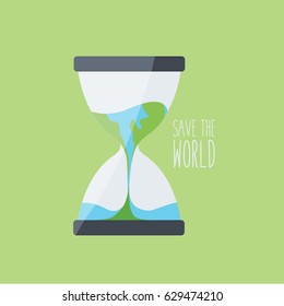 text - save the world illustration. closeup on a elegance classic clean Hourglass with a earth and Globe flowing & melting & trickle in it on flat design vector. nature, ocean & water together