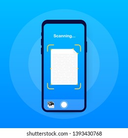 Text scan. Document scanner smartphone interface vector template. Mobile app page blue gradient design layout. Vector illustration.