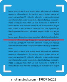 escáner de texto o logotipo del escáner de página con fondo azul. página con texto con línea roja sobre el soporte blanco medio en las esquinas del logotipo