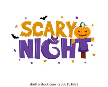 text scary night with halloween decoration bat, cat and pumpkin man