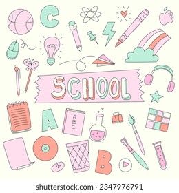 Text School with cartoon elements. Cute banner with school supplies. Vector illustration with editable stroke. Banner for elementary school