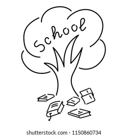The text "school", tree, textbooks.