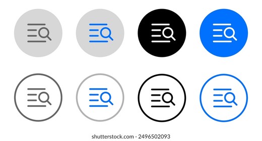 Icono de búsqueda de texto. Símbolo de investigación de documentos. Encuentre el letrero. Ilustración de análisis de archivos. Pictograma de lente. Botón gris, azul y negro.