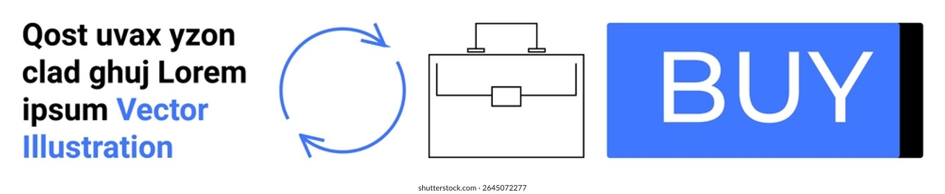Seção de texto, setas circulares indicando processo, pasta simbolizando negócios e botão COMPRAR azul. Ideal para comércio eletrônico, sites de negócios, transações, visualização de fluxo de trabalho, on-line