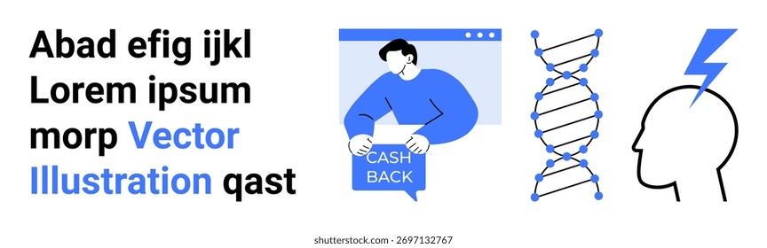 Text segments, man holding Cash Back sign, DNA helix, lightning bolt in head silhouette. Ideal for marketing, medical, technology, education, finance, health, innovation themes. Landing page