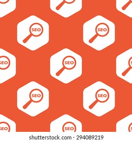Text SEO under loupe in white hexagon, repeated on orange background