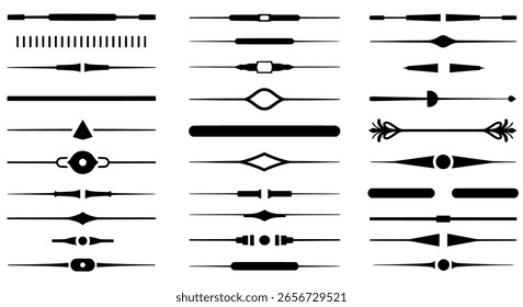Texttrennungssatz mit minimalistischen, geometrischen und abstrakten Stilen. Eine große Kollektion einfacher Trennlinien für moderne Designprojekte.