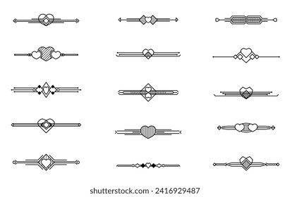 Text separators with hearts in techno style. Set of decorative dividers. Page decors. Geometric shapes of design elements. Ornaments for Valentine's Day or wedding invitations. Vector illustration.