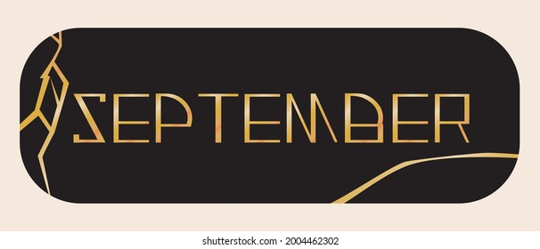 Text September, kintsugi illustration. Flat vector stock illustration. The month of autumn is September. Symbolic text for planner. September sticker for design. Vector graphics