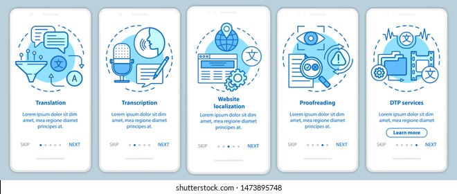 Text services blue onboarding mobile app page screen with linear concepts. Translation, transcription, proofreading walkthrough steps graphic instructions. UX, UI, GUI vector template with icons