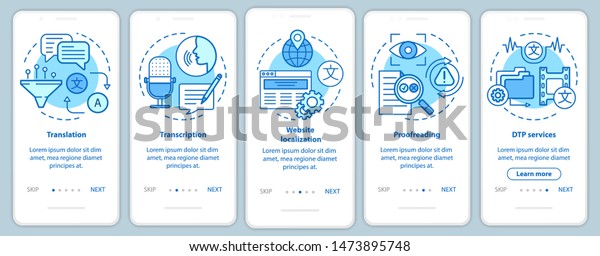 Text services blue onboarding mobile app page\
screen with linear concepts. Translation, transcription,\
proofreading walkthrough steps graphic instructions. UX, UI, GUI\
vector template with\
icons
