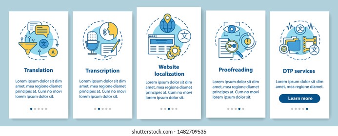 Text Services Onboarding Mobile App Page Screen With Linear Concepts. Translation, Transcription, Proofreading Walkthrough Steps Graphic Instructions. UX, UI, GUI Vector Template With Illustrations