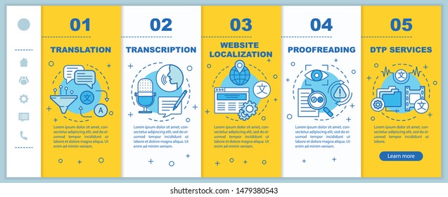 Text services onboarding mobile web pages vector template. Translation. Responsive smartphone website interface idea with linear illustrations. Webpage walkthrough step screens. Color concept 