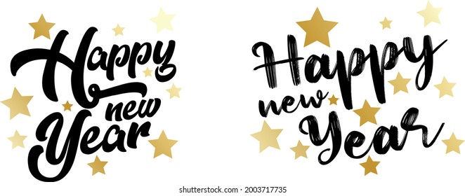 Text set: happy new year black with gold stars no background. Can be used as a poster or banner