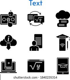 text set. included cloud library, study, smartphone, test, homework, learn, maths, student-tablet, information icons. filled styles.
