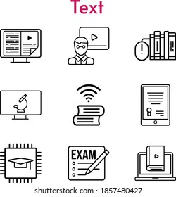 conjunto de texto. incluyeron exámenes, tableta, chip, ebook, profesor, libros, aprender, íconos del microscopio. estilos lineales.