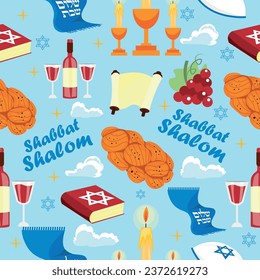 Text SHABBAT SHALOM with symbols on light blue background. Patte