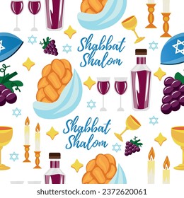 Text SHABBAT SHALOM with symbols on white background. Pattern fo