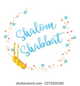 Text SHALOM SHABBAT with challah bread on white background