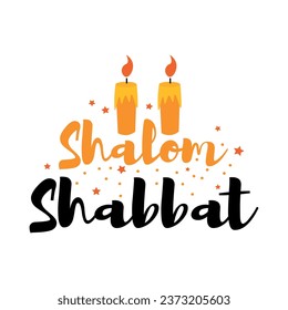 Text SHALOM SHABBAT with glowing candles on white background