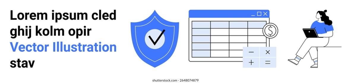 Text, shield with check mark, financial spreadsheet with calculator and currency symbol, person using laptop. Ideal for data security, finance, online learning, technology, remote work, digital