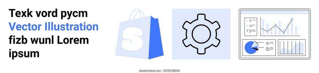 Text with shopping bag, gear icon, and analytics chart. Ideal for e-commerce, technology, online shopping, business analytics, marketing. Landing page