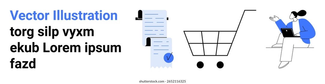 Texto, carrinho de compras, documentos, pessoa usando laptop em azul e preto. Ideal para compras on-line, comércio eletrônico, marketing digital, gerenciamento financeiro, análise de negócios e design da Web. Página inicial