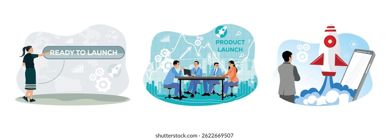 Text showing inspiration Ready to Launch.Business professionals hold a meeting to strategize new product launch.Business innovation with startup product launch. Set flat vector illustration.