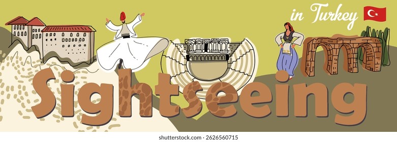 Visita turística de texto en Turquía. El concepto de Turquía, Estambul, Lugares famosos turcos. Dibujado a mano ilustración de línea de Vector. 
