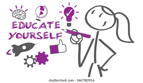 
Text sign and cartoon illustration showing "Educate Yourself". Vector Illustration Concept