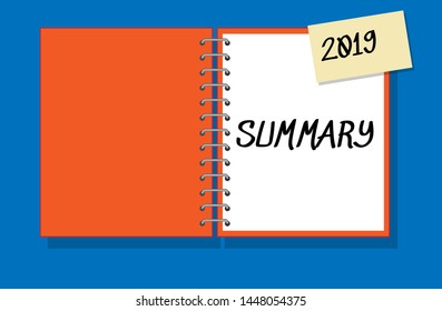 Text sign showing 2019 summary. book, flat design. vector illustration