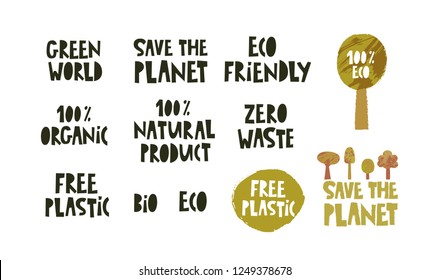 Text sign, slogan design set on a theme environmental, Zero Waste. For design of labels, logos, prints, posters, cards, promotion for eco food, farm shop, cafe, greeting card, eco prin.