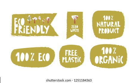 Text sign, slogan design set on a theme environmental, Eco friendly. For design of labels, logos, prints, posters, cards, promotion for eco food, farm shop, cafe, greeting card, eco print.